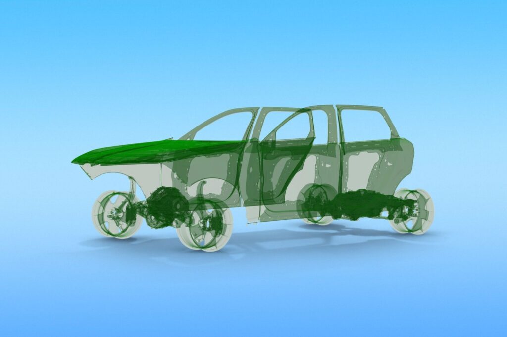 Representación de la estructura del BMW X5 con componentes señalados en verde, relacionados con el uso de materiales secundarios y la reducción de CO₂e en el ciclo de vida del vehículo.